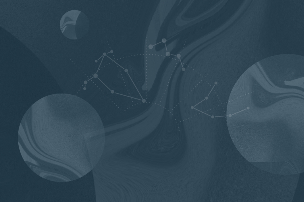 Abstract composition featuring swirls and constellations.